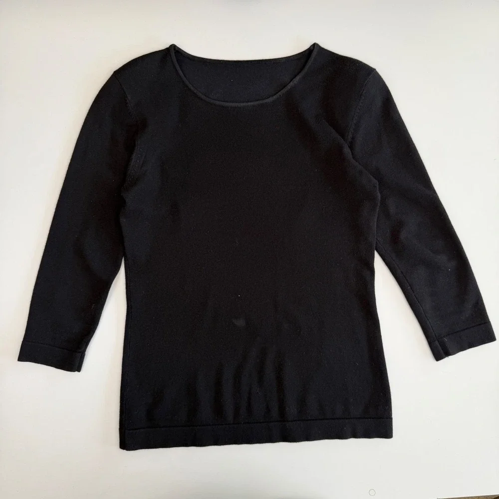 Vintage Black Knit Top Boat Neck 3/4 Sleeve Minimalist Office Siren 90s Y2K S - Picture 6 of 8